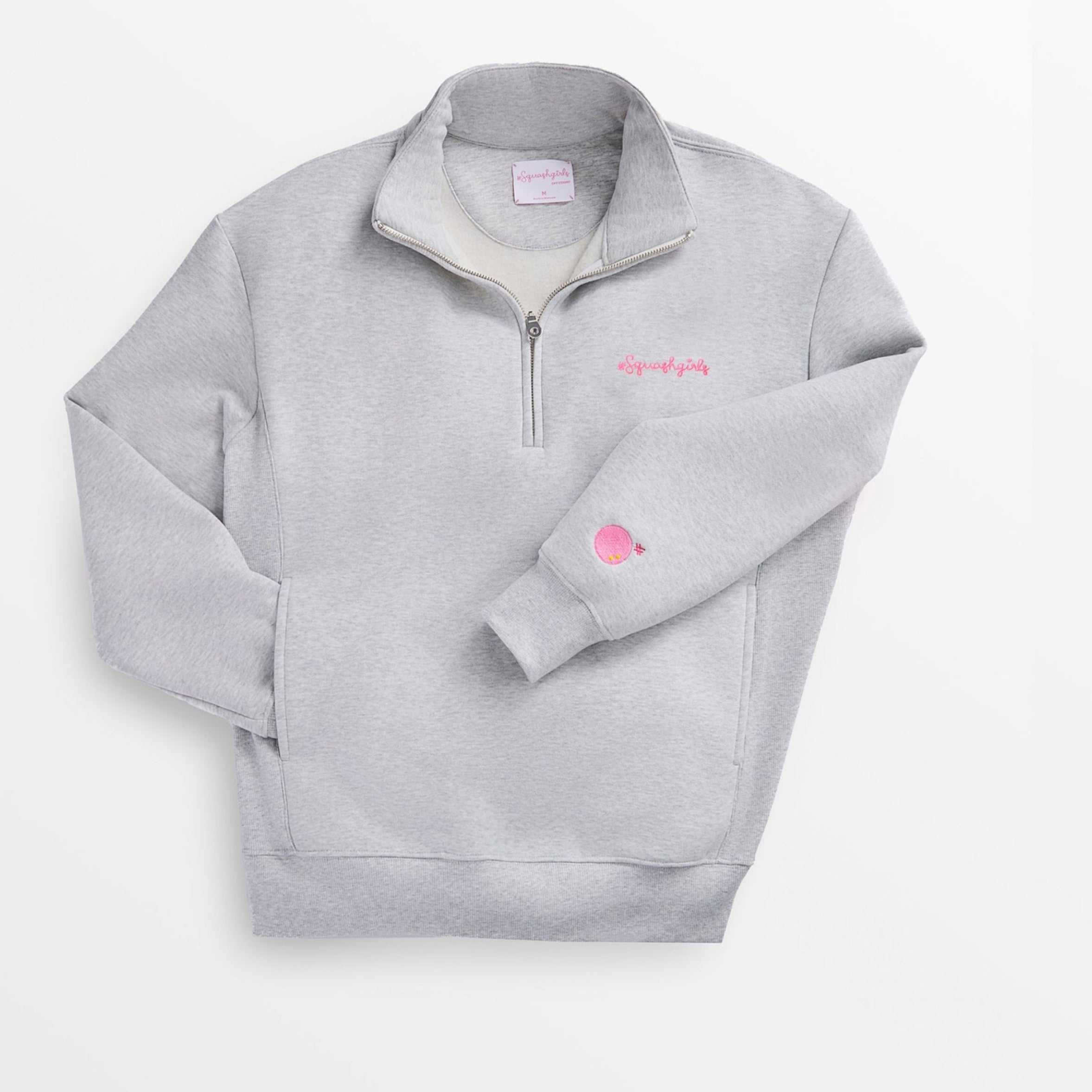 Gray pullover with a logo on a white background
