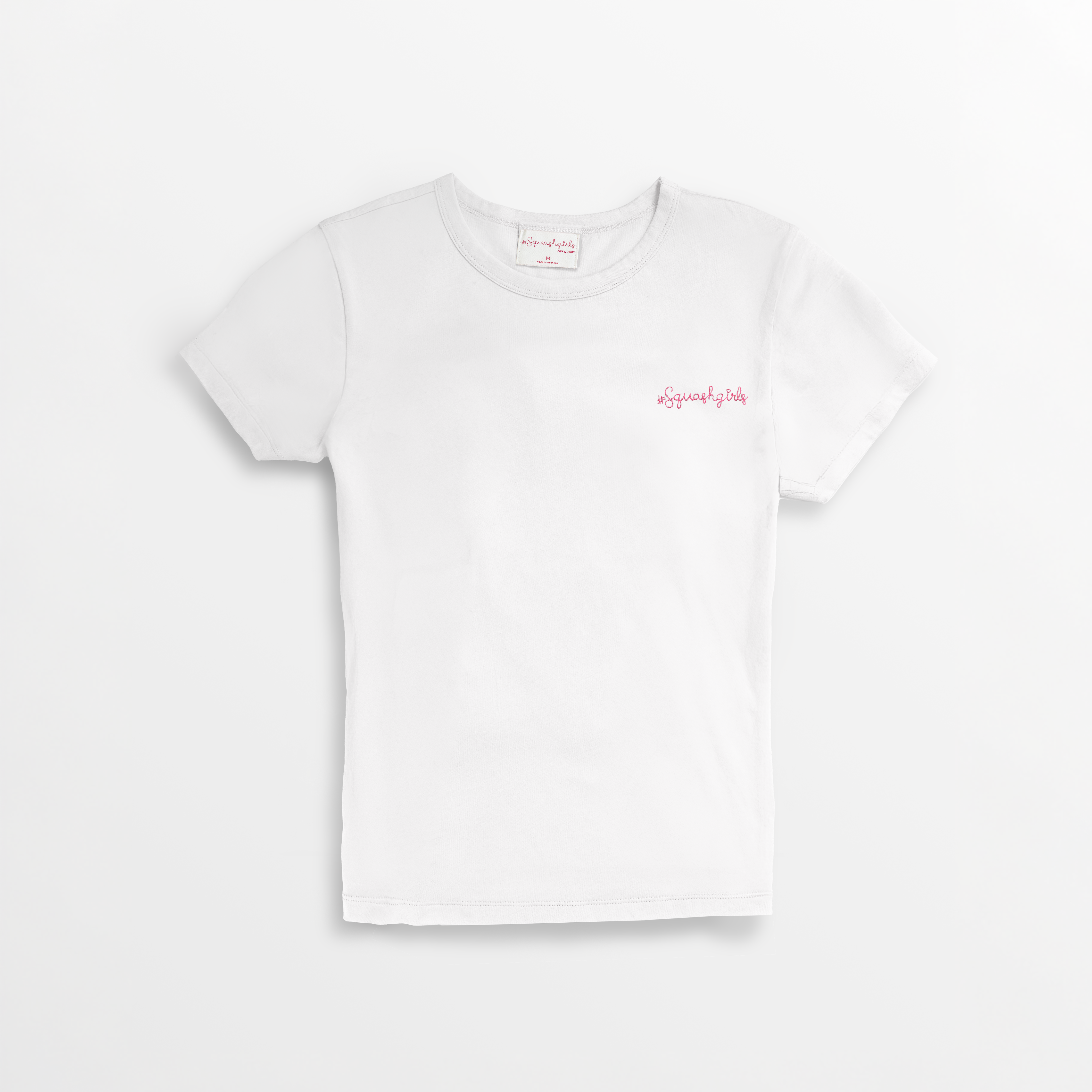 White t-shirt with red text on a white background