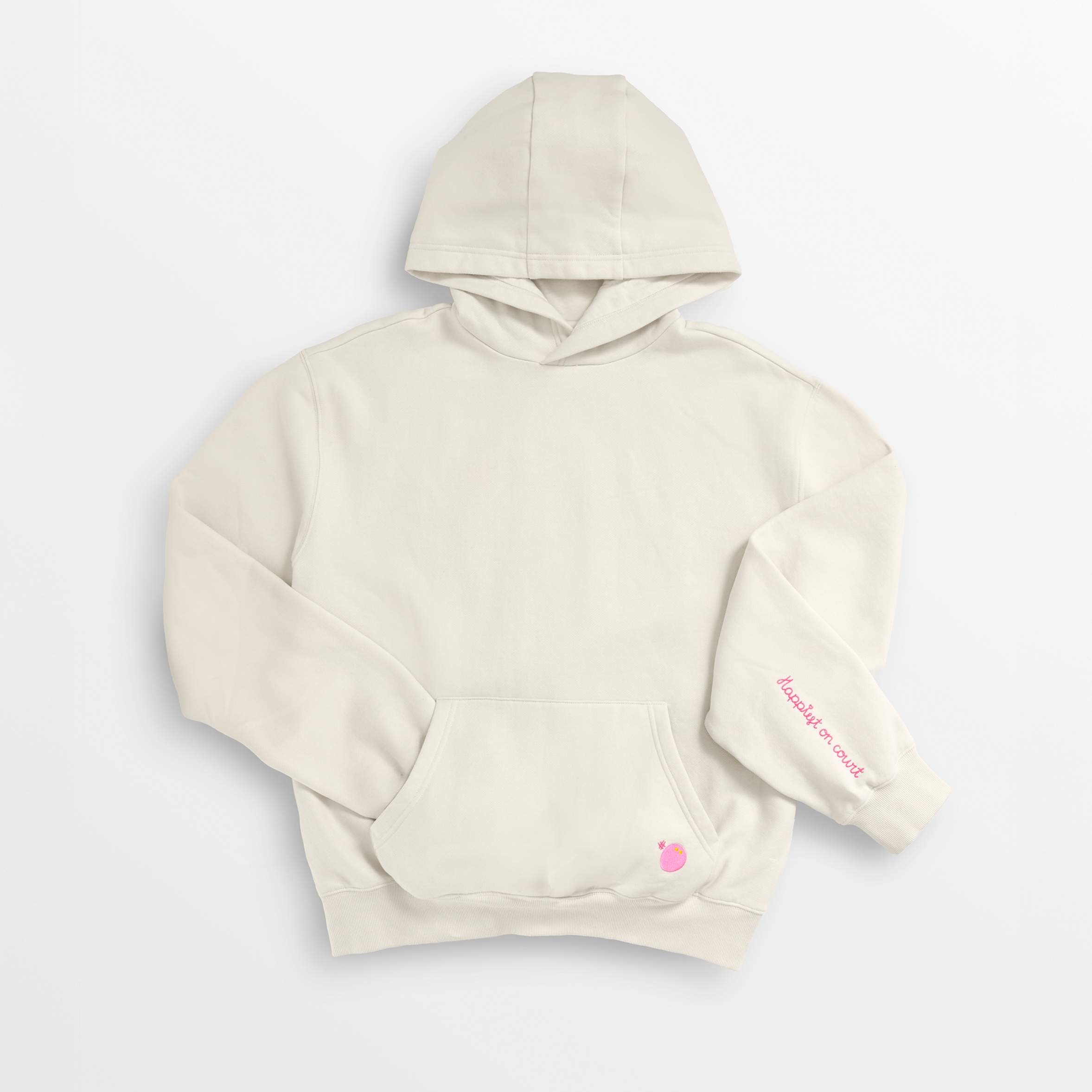 Beige hoodie with a small design on a light gray background