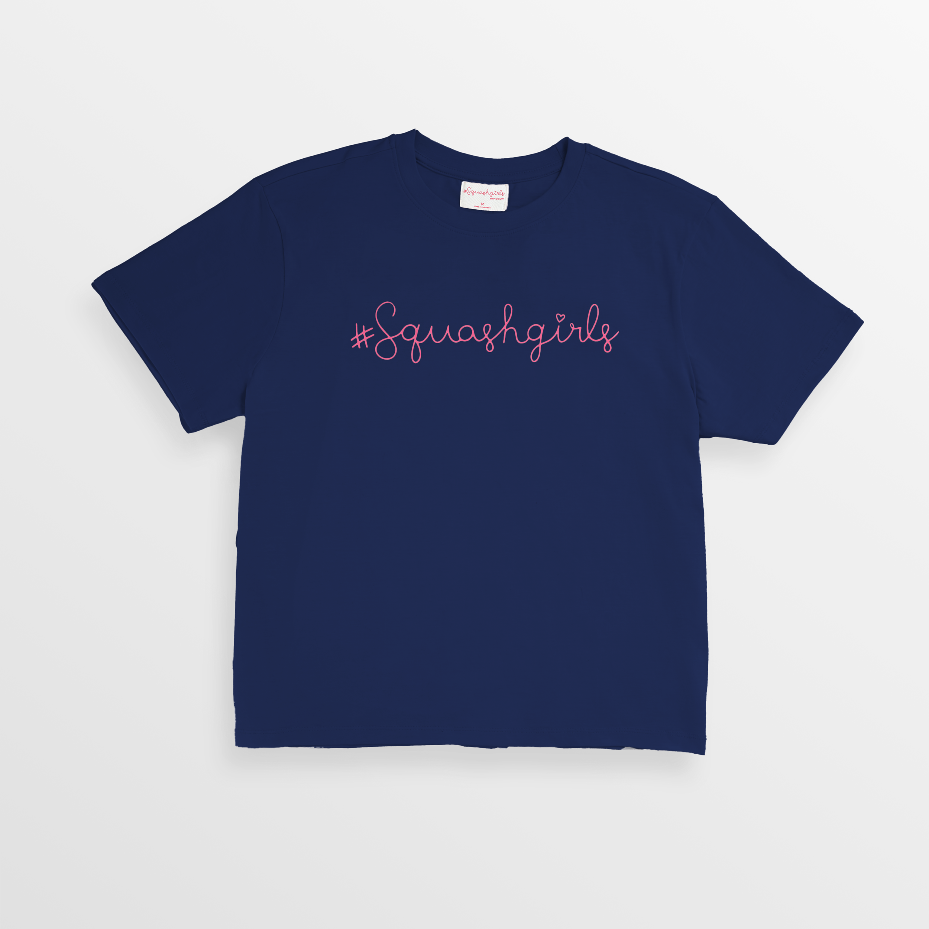 Navy blue t-shirt with '#Squashgirls' text on a white background