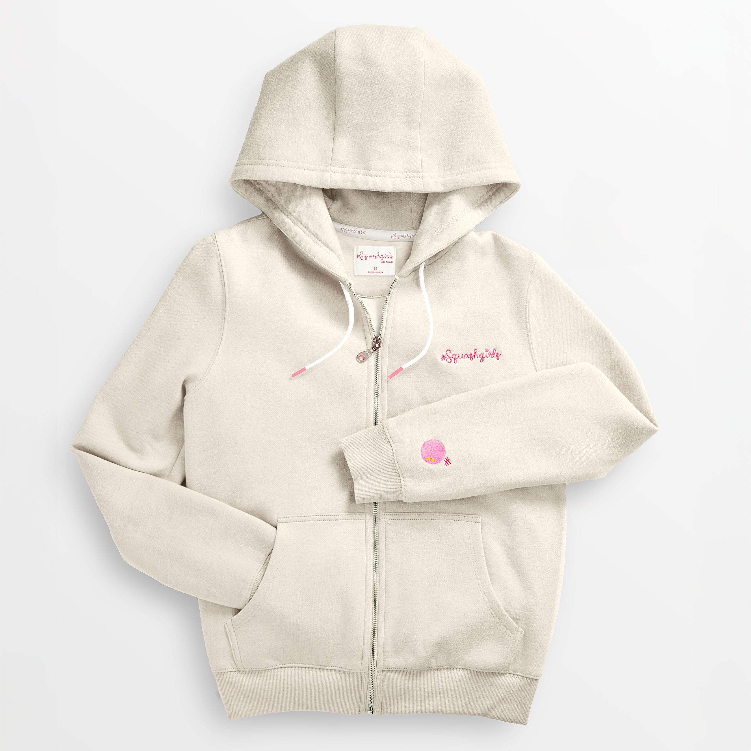 Beige hoodie with a brand logo on a light gray background