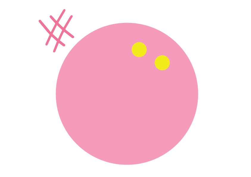 Pink circle with yellow dots and a pink hashtag symbol on a white background