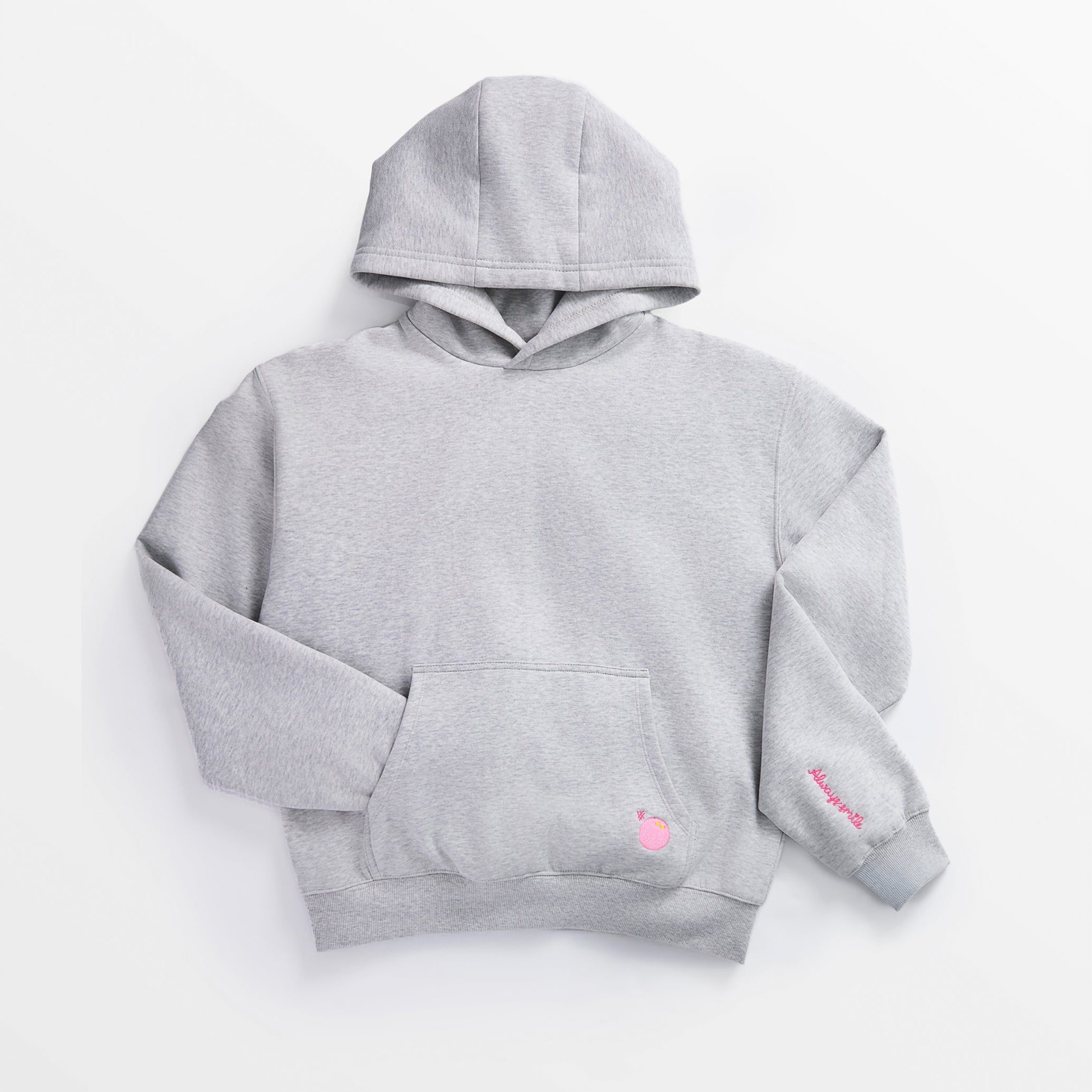 Gray hoodie with a small pink logo on a white background