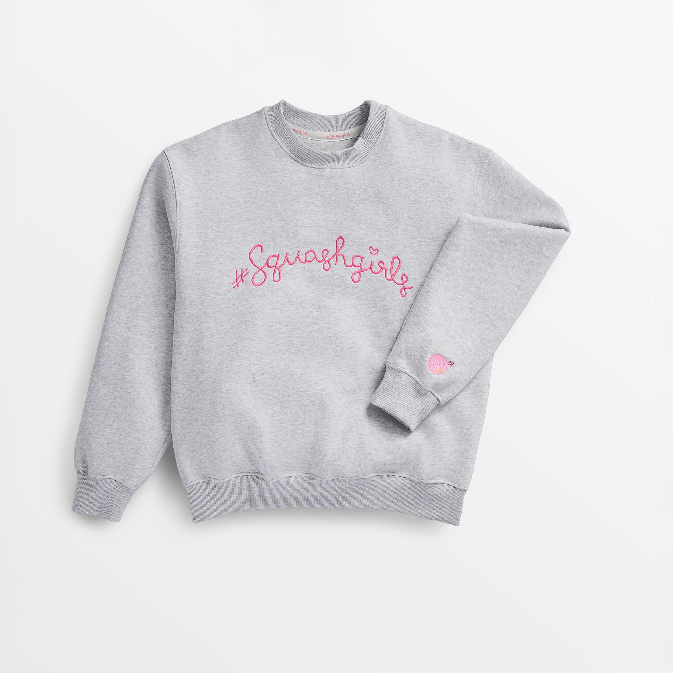 Gray sweatshirt with pink text and heart design on a white background