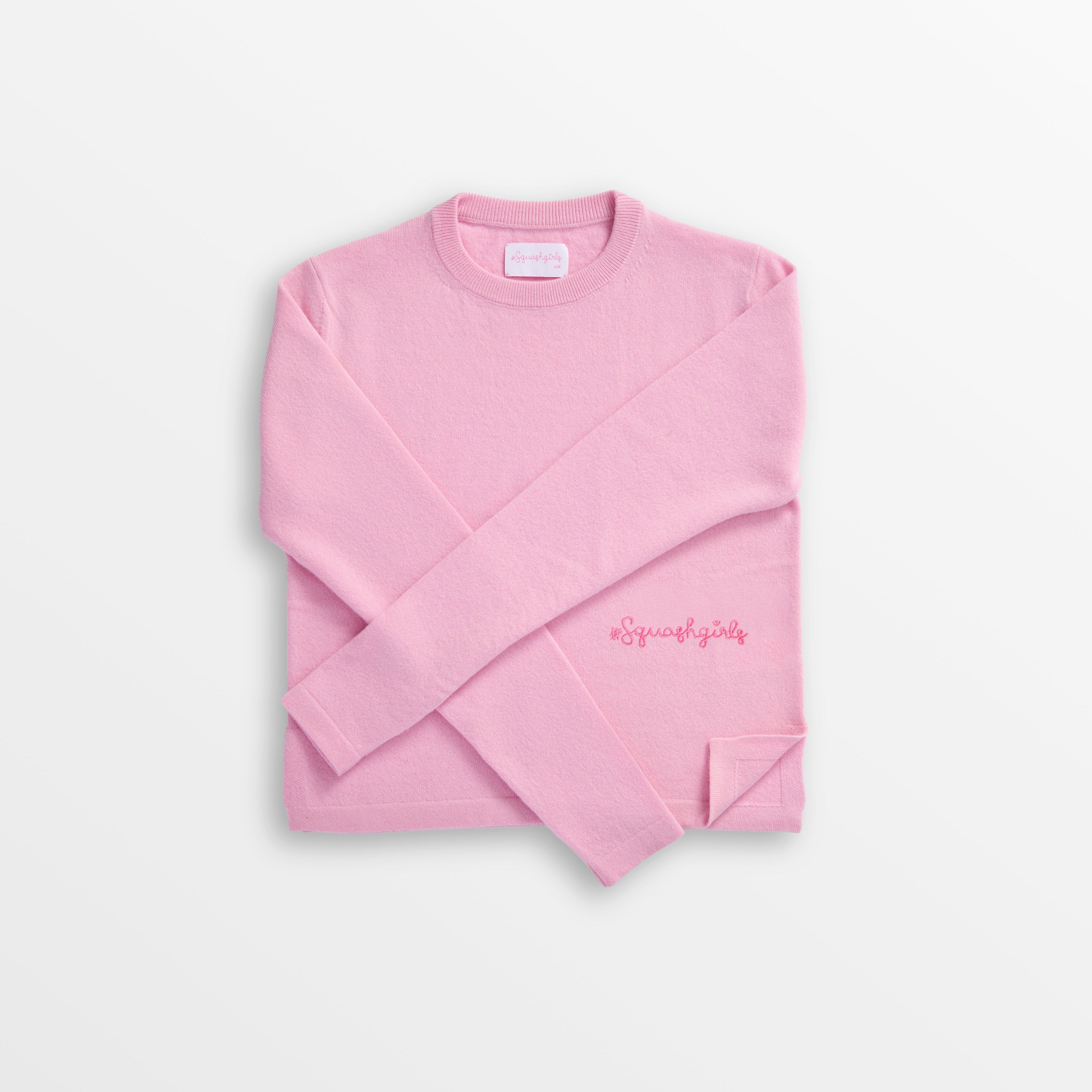 Pink sweatshirt with text on a light gray background