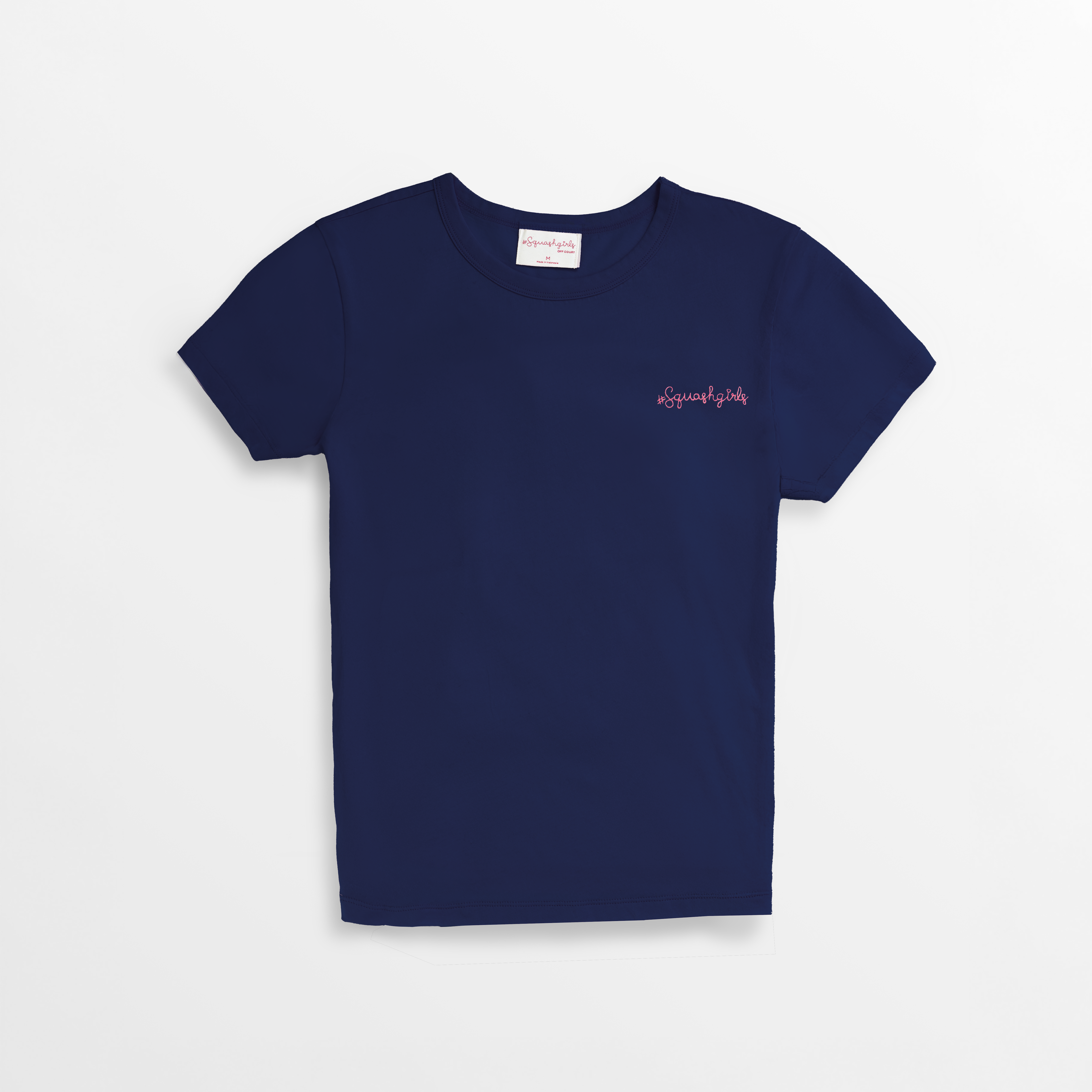 Navy blue t-shirt with a small logo on a white background