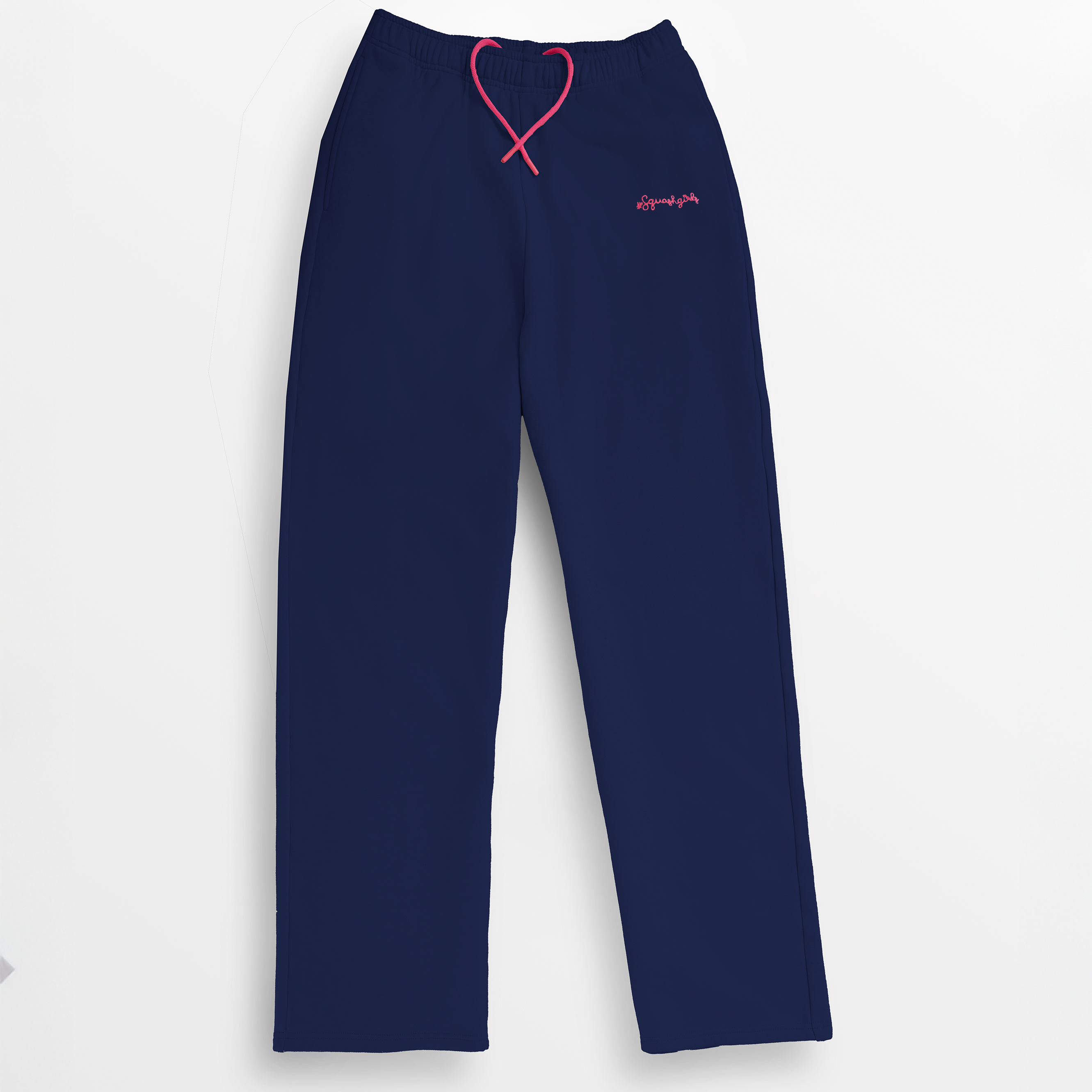Navy blue pants with a pink "squashgirls" script on the pant leg.