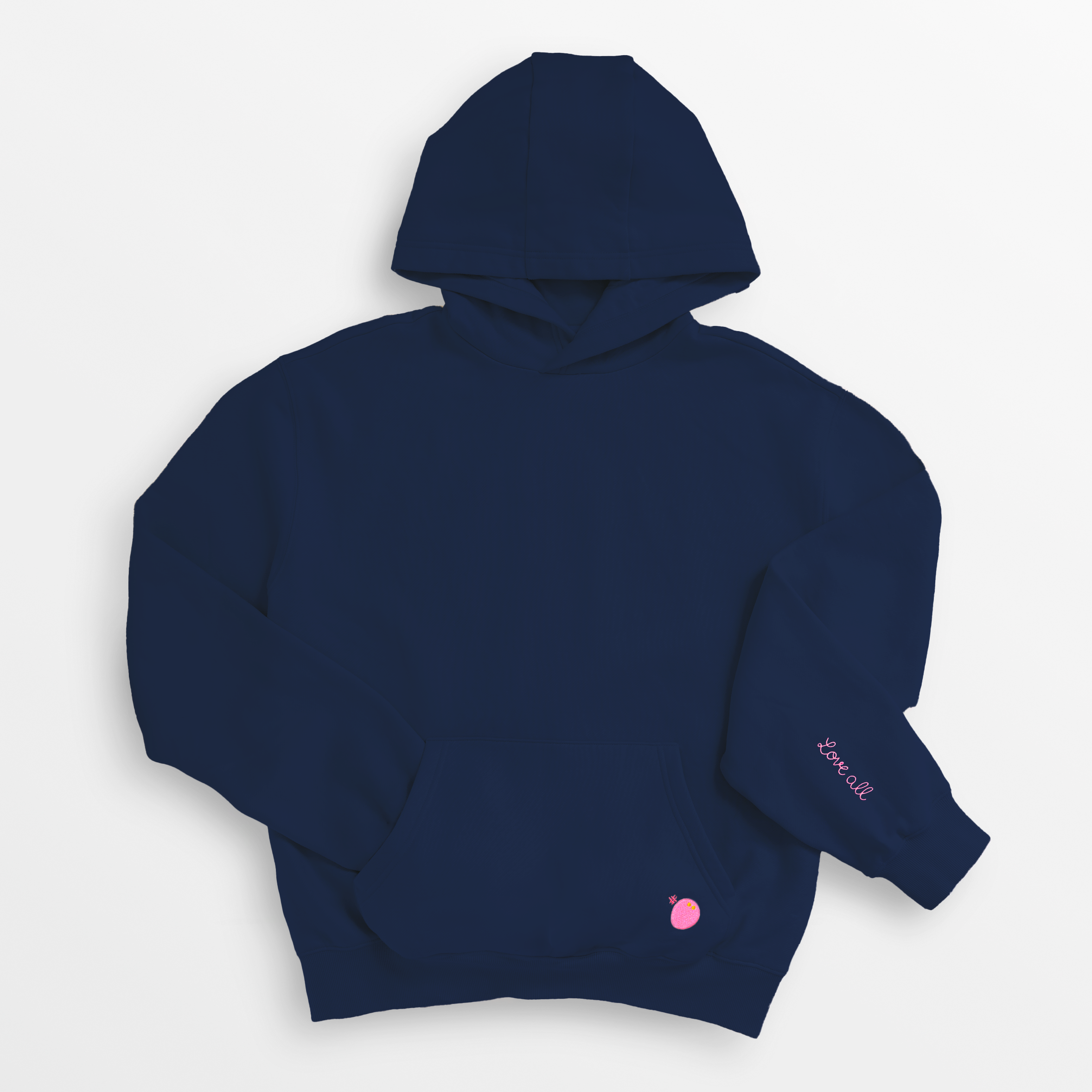 Navy blue hoodie with a small pink logo on a light gray background