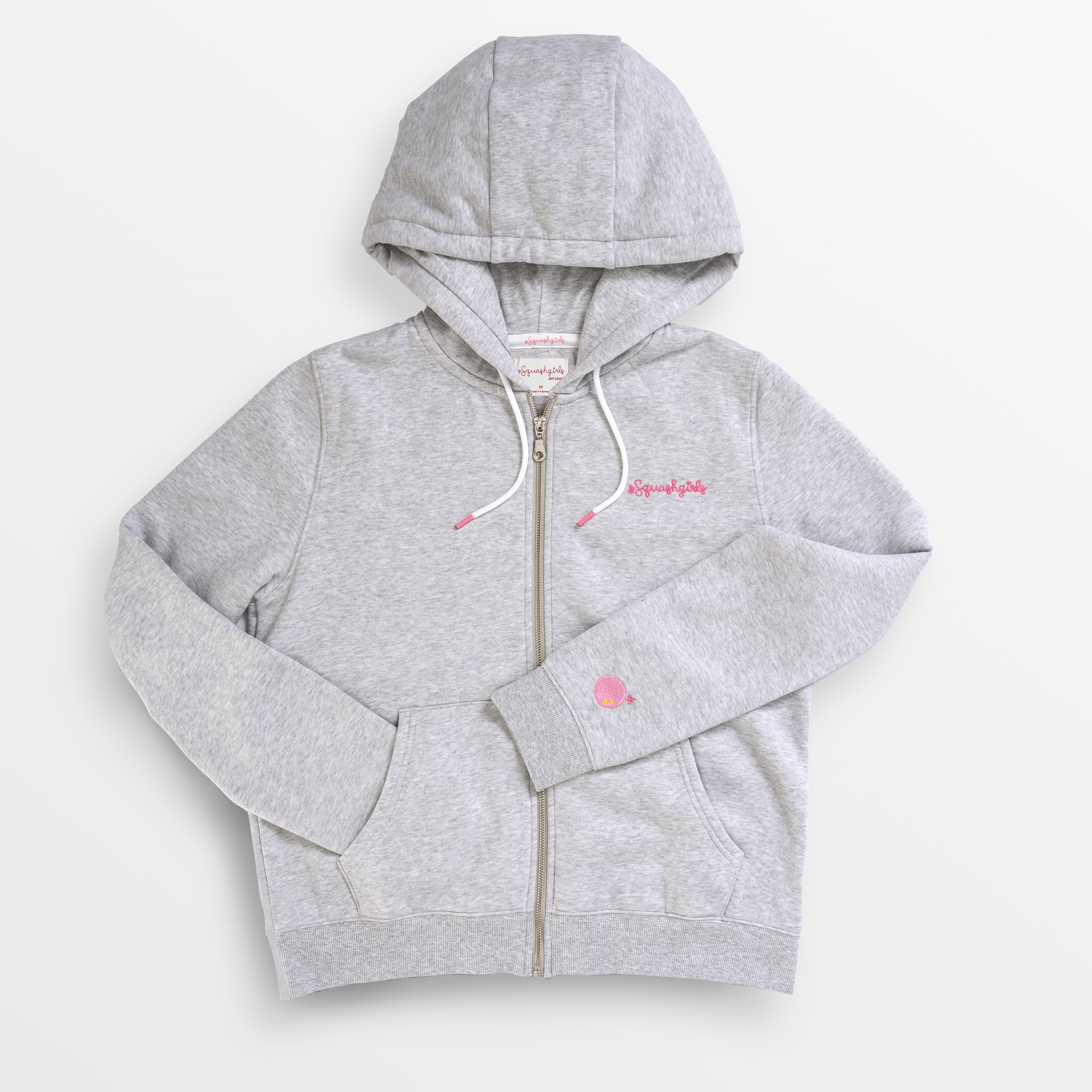 Gray hoodie with a brand logo on a white background